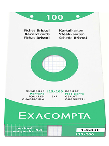 Fiches bristol - quadrillé 5x5 - perforé - 125x200mm - Pack de 2